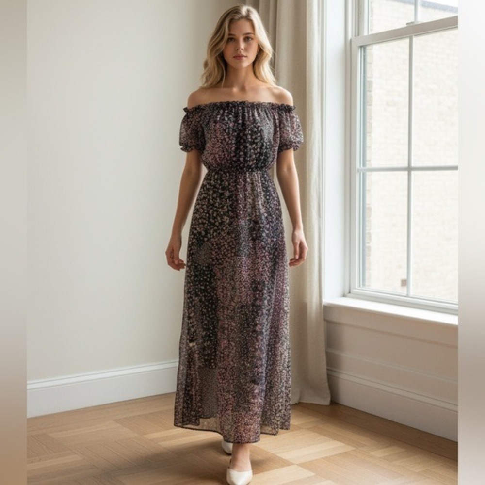Lulus Maxi Dress‎ Womens XS Navy Multi Floral Patchwork Off Shoulder Chiffon